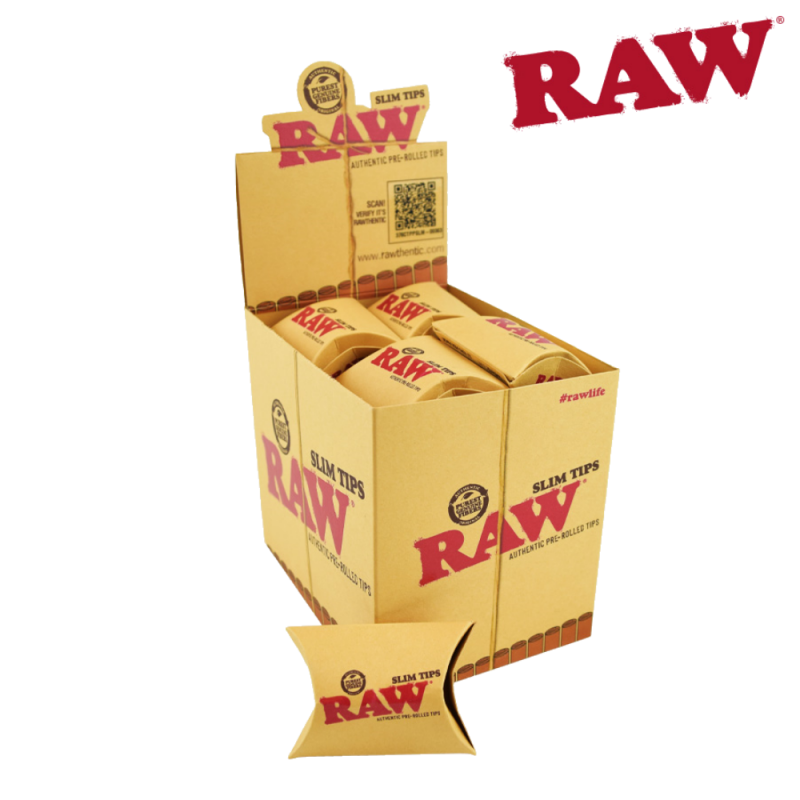 RAW PRE-ROLLED UNBLEACHED SLIM TIPS (PILLOW PACK/21, BOX/20)